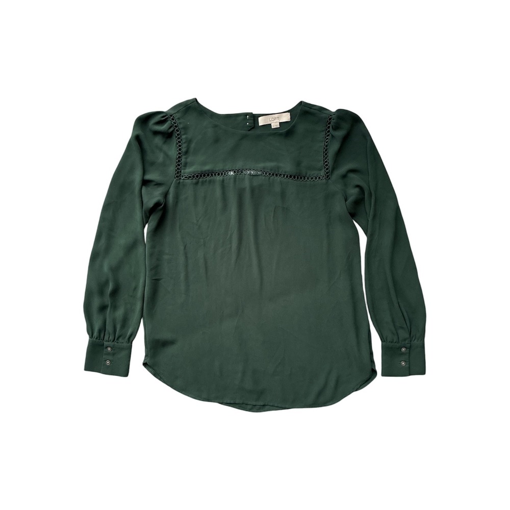 LOFT Womens Forest Green Ladder Lace Trim Keyhole Back Long Sleeve Blouse Top S